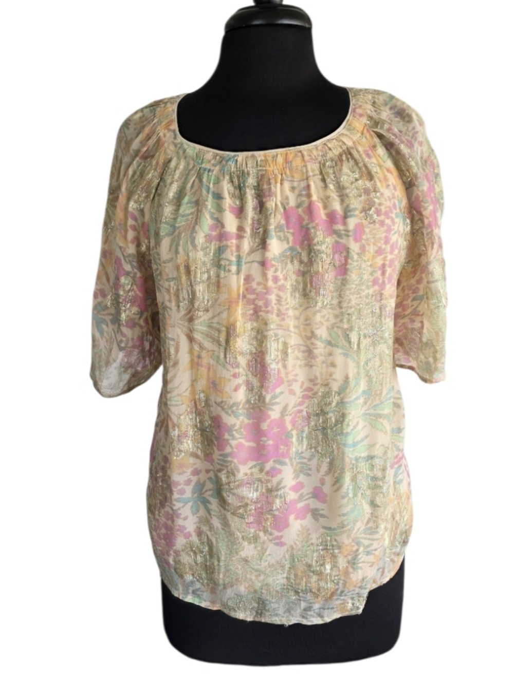 LOFT Pastel & Gold Floral Scoop-Neck Blouse in Cream, Pink & Mint Boho Chic Top